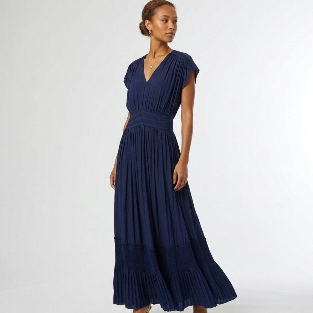 Ramy Brook Navy V-Neck Pleated Maxi Dress Size S/P